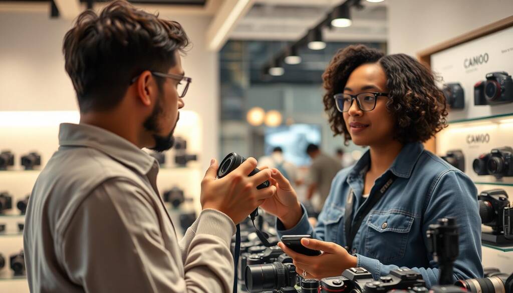Person examining different digital cameras for 2025 in a camera store