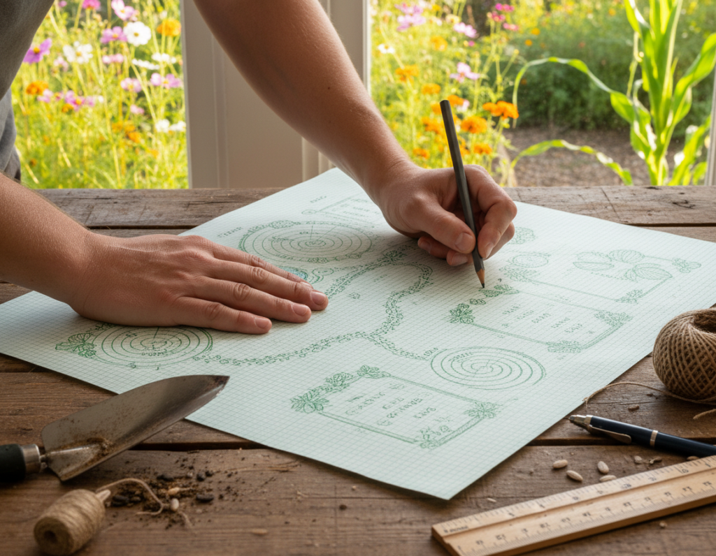 A close-up view of a person's hands sketching a detailed garden layout on a large sheet of graph paper. The foreground depicts a wooden table scattered with gardening tools like a trowel, pencil, and a ruler, emphasizing a hands-on gardening approach. The middle ground features the intricate garden layout, showcasing various vegetable beds, pathways, and plant placements, with specific vegetables illustrated neatly. In the background, a bright, sunny outdoor garden scene can be seen through a window, filled with blooming flowers and green plants, creating a warm, inviting atmosphere. The lighting is natural and soft, highlighting the sketch and the tools, with a shallow depth of field that focuses on the drawing while the background remains slightly blurred.