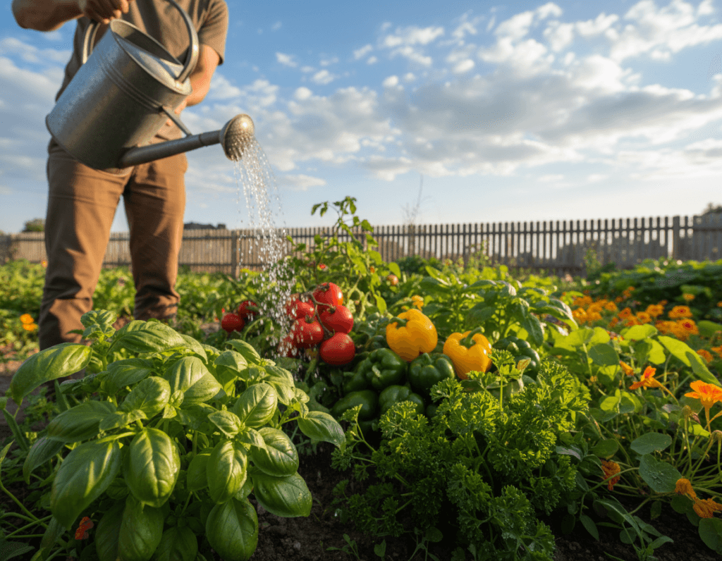 A close-up view of a vibrant organic garden showcasing a variety of vegetables and herbs. In the foreground, a gardener in modest casual clothing is using a hand-held watering can to gently water the plants, creating a glistening effect on the leaves. The middle-ground features a rich tapestry of lush green rows with colorful vegetables such as tomatoes, bell peppers, and fresh herbs like basil and parsley. In the background, a blue sky dotted with fluffy white clouds stretches above a wooden fence, enhancing the serene, peaceful atmosphere of the garden. The lighting is warm and soft, reminiscent of early morning or late afternoon, casting gentle shadows and highlighting the textures of the garden. The image is framed with a slight depth-of-field effect, drawing focus to the act of watering while maintaining an inviting view of the organic garden. A close-up view of a vibrant organic garden showcasing a variety of vegetables and herbs. In the foreground, a gardener in modest casual clothing is using a hand-held watering can to gently water the plants, creating a glistening effect on the leaves. The middle-ground features a rich tapestry of lush green rows with colorful vegetables such as tomatoes, bell peppers, and fresh herbs like basil and parsley. In the background, a blue sky dotted with fluffy white clouds stretches above a wooden fence, enhancing the serene, peaceful atmosphere of the garden. The lighting is warm and soft, reminiscent of early morning or late afternoon, casting gentle shadows and highlighting the textures of the garden. The image is framed with a slight depth-of-field effect, drawing focus to the act of watering while maintaining an inviting view of the organic garden.