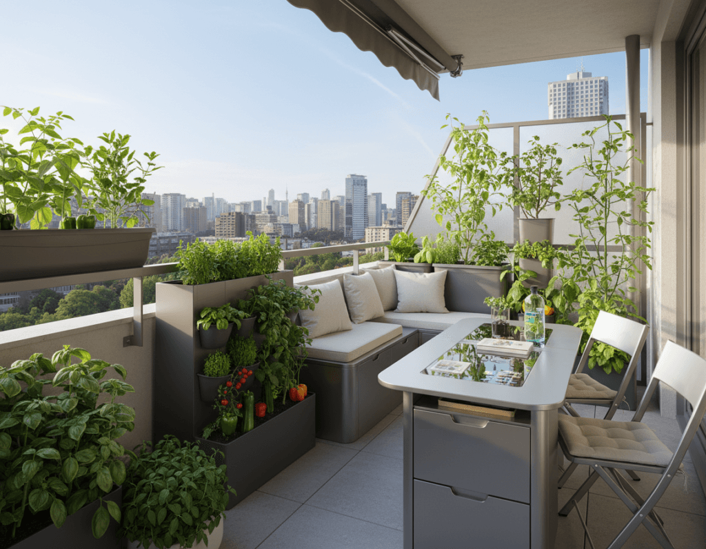 A cozy balcony garden in 2026 featuring smart space planning with multifunctional furniture. In the foreground, a modern, sleek table with built-in storage and folding chairs, designed for small spaces. Potted plants with vibrant greenery and a small vertical herb garden are tastefully arranged around the furniture, showcasing a variety of vegetables and herbs. The middle section includes a compact, stylish planter box that doubles as a seating area. In the background, a cityscape is visible under a clear blue sky, with soft, natural lighting that creates a warm, inviting atmosphere. Capture this scene from a slightly elevated angle to emphasize the functionality and aesthetic of the space. The mood should feel fresh, innovative, and practical, emphasizing a harmonious blend of urban living and gardening.