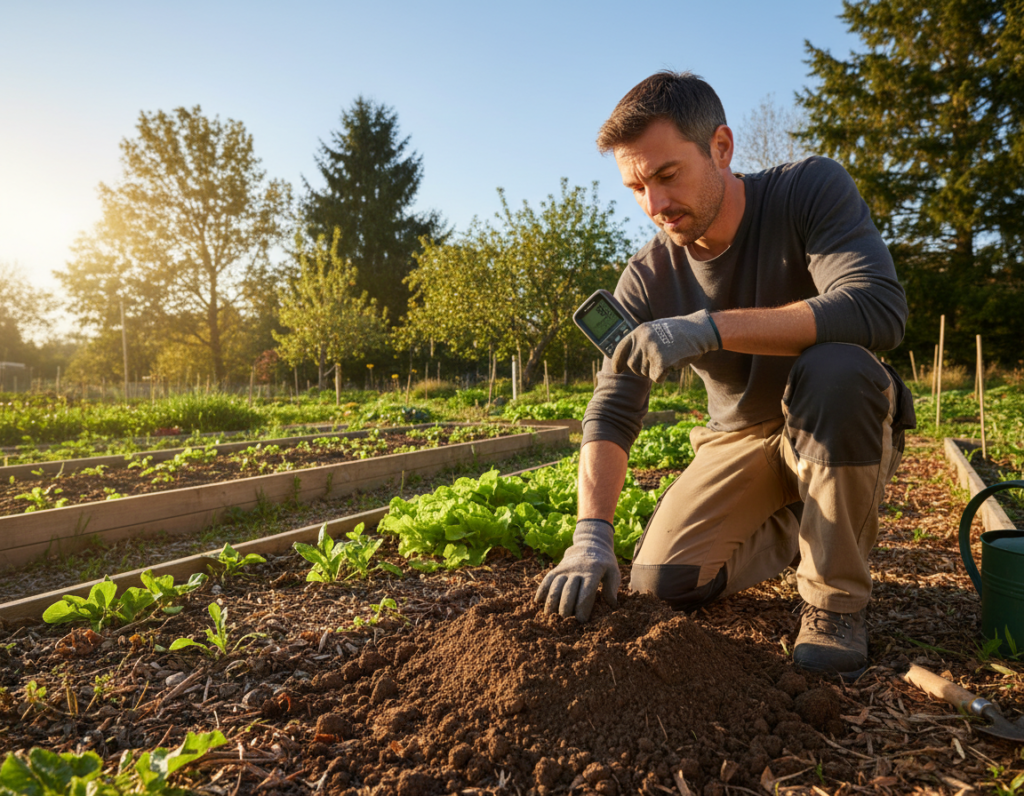 A serene garden setting showcasing a person assessing sunlight, soil quality, and overall site suitability for planting vegetables. In the foreground, a gardener kneels on soft, rich soil, inspecting it closely with their hands. They are dressed in modest casual clothing, wearing gloves. In the middle ground, vibrant green plants are visible, along with a small handheld device measuring sunlight levels. Behind them, the backdrop features trees providing a mix of dappled sunlight and shade, with a clear blue sky above casting warm, natural light on the scene. The atmosphere is peaceful and focused, capturing the essence of thoughtful planning and preparation for a vegetable garden. The image should be highly detailed and photo-realistic, emphasizing the textures of soil and greenery.