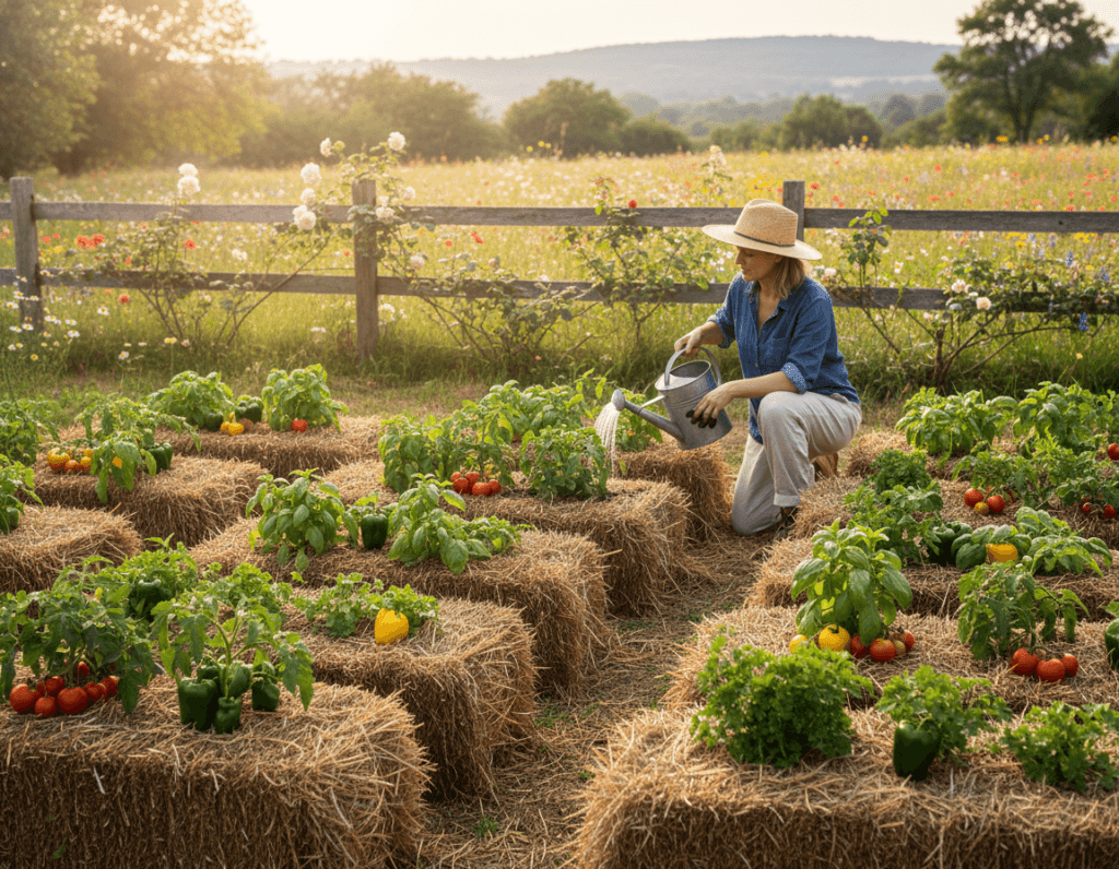 A serene garden setting showcasing the hay bale gardening process. In the foreground, several well-organized hay bales are arranged in neat rows, with vibrant vegetable plants sprouting from their tops—tomatoes, peppers, and herbs like basil and parsley. The middle ground features a gardener in modest casual clothing carefully tending to the bales, watering them with a can and holding a pair of gardening gloves. A sunny atmosphere is created with soft, natural lighting that enhances the lush green of the plants and the golden hue of the hay. In the background, a rustic wooden fence and patches of wildflowers frame the scene, conveying a tranquil, rural ambiance. The overall mood is one of productivity and connection with nature, emphasizing the innovative gardening method.