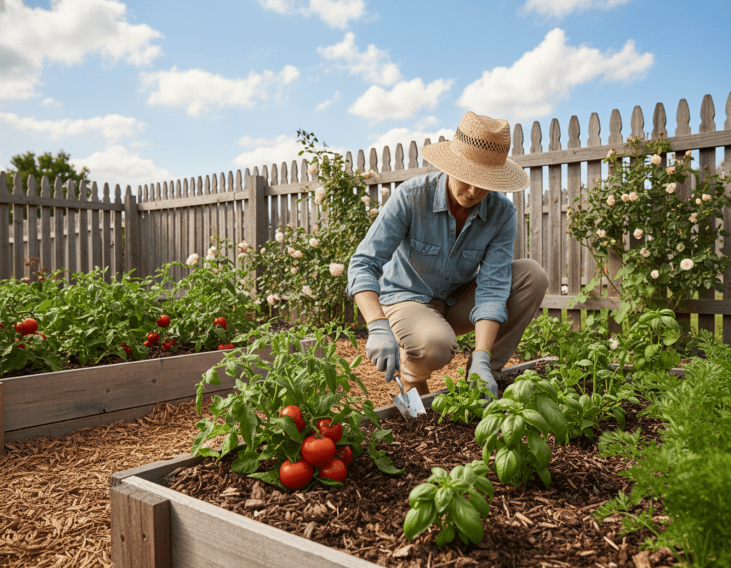 A serene organic garden setting in the foreground, featuring a variety of vibrant vegetables and herbs like tomatoes, basil, and carrots growing in rich, dark soil with mulch. A sturdy wooden raised bed is partially visible, overflowing with greenery. In the middle ground, a gardener wears modest casual clothing, gently tending to the plants, using a small hand trowel. Soft, diffused natural light illuminates the scene, creating a warm and inviting atmosphere. The background includes a wooden fence adorned with climbing plants and a bright blue sky dotted with fluffy white clouds, enhancing the feeling of a peaceful, sunny day. The angle captures the beauty and tranquility of starting an organic gardening journey. A serene organic garden setting in the foreground, featuring a variety of vibrant vegetables and herbs like tomatoes, basil, and carrots growing in rich, dark soil with mulch. A sturdy wooden raised bed is partially visible, overflowing with greenery. In the middle ground, a gardener wears modest casual clothing, gently tending to the plants, using a small hand trowel. Soft, diffused natural light illuminates the scene, creating a warm and inviting atmosphere. The background includes a wooden fence adorned with climbing plants and a bright blue sky dotted with fluffy white clouds, enhancing the feeling of a peaceful, sunny day. The angle captures the beauty and tranquility of starting an organic gardening journey.