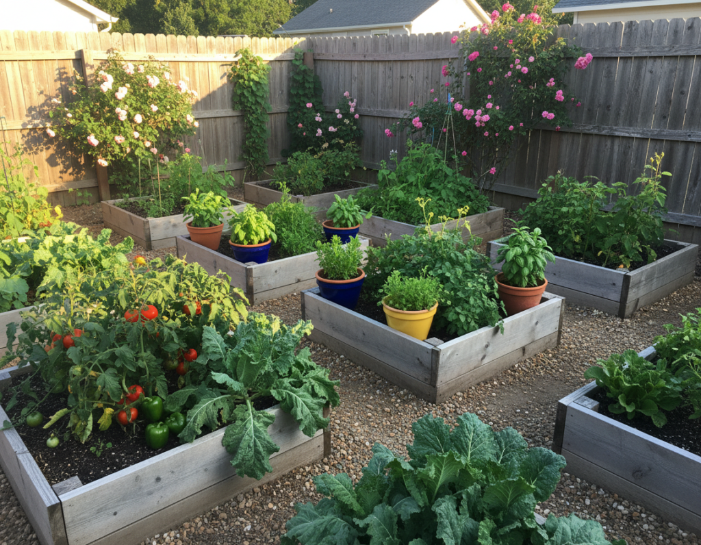 A sunlit garden scene showcasing a variety of raised beds and container gardens laid out in a square-foot gardening layout. In the foreground, vibrant, lush vegetable plants such as tomatoes, peppers, and leafy greens spill out of wooden raised beds, their rich green leaves contrasting with the earthy brown soil. The middle ground features colorful pots with herbs like basil and cilantro, arranged neatly along a rustic pathway. In the background, a wooden fence adorned with climbing vines and flowers gives a cozy feel. The warm light of a late afternoon sun casts gentle shadows, creating a tranquil, inviting atmosphere. The image conveys a sense of organized beauty and abundance, perfect for new gardeners.