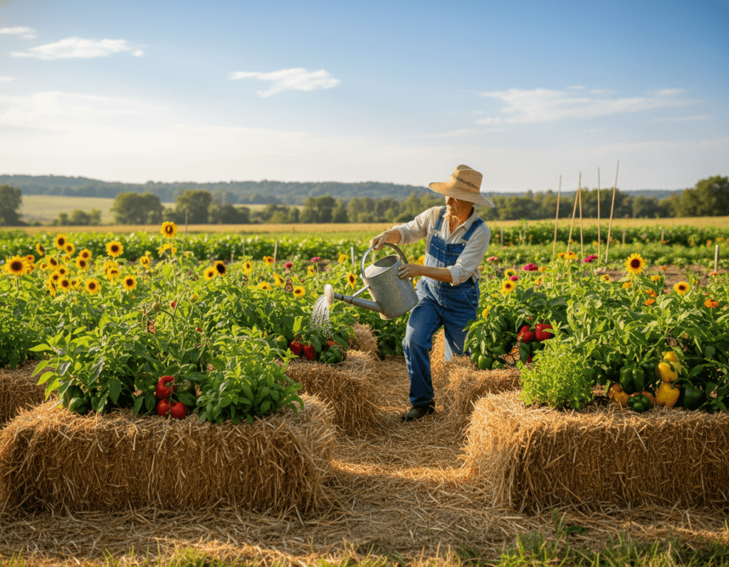 A vibrant and educational scene showcasing the benefits of hay bale gardening. In the foreground, several well-arranged hay bales are filled with lush, green plants, including tomatoes, peppers, and herbs, thriving in the warm sunlight. The middle ground displays a diverse garden plot with a gardener in modest casual clothing, gently tending to the plants with a watering can. Surrounding the area, colorful flowers and butterflies enhance the lively atmosphere. In the background, a clear blue sky with gentle wisps of clouds provides a sense of tranquility. The lighting is warm and inviting, highlighting the textures of the hay bales and the vibrant vegetation, creating a photo-realistic portrayal of a flourishing garden.