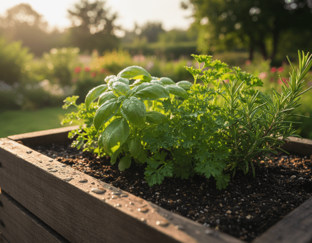 A vibrant arrangement of organic herbs, including basil, parsley, and rosemary, in a rustic wooden planter, filled with rich, dark soil. In the foreground, droplets of water glisten on the fresh green leaves, suggesting recent watering. The middle ground features herbs flourishing under soft morning sunlight, creating gentle shadows that dance across the surface. In the background, a blurred garden setting with lush greenery contrasts lightly with the herbs, conveying a serene outdoor oasis. The scene is captured with a shallow depth of field, using a wide-angle lens to enhance the richness of color and detail. The overall mood is calm and inviting, reflecting the joy of tending to a home herb garden. A vibrant arrangement of organic herbs, including basil, parsley, and rosemary, in a rustic wooden planter, filled with rich, dark soil. In the foreground, droplets of water glisten on the fresh green leaves, suggesting recent watering. The middle ground features herbs flourishing under soft morning sunlight, creating gentle shadows that dance across the surface. In the background, a blurred garden setting with lush greenery contrasts lightly with the herbs, conveying a serene outdoor oasis. The scene is captured with a shallow depth of field, using a wide-angle lens to enhance the richness of color and detail. The overall mood is calm and inviting, reflecting the joy of tending to a home herb garden.