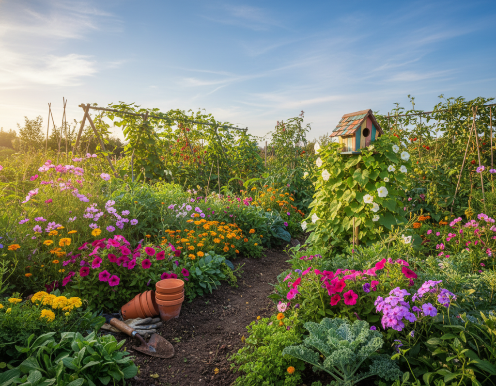 A vibrant chaos garden bursting with a variety of plants, flowers, and vegetables intermingling in a harmonious, untamed arrangement. In the foreground, richly textured soil is dotted with brightly colored blooms—pinks, yellows, and purples—mingling with lush green leaves. Scattered garden tools and pots add to the eclectic feel, suggesting recent activity. The middle ground features climbing vines and cascading plants spilling over trellises, while a quirky birdhouse peeks through the foliage, inviting wildlife into the scene. In the background, a serene blue sky filters soft, warm sunlight, casting gentle shadows and highlighting the lushness of the garden. The atmosphere is lively yet peaceful, embodying the carefree spirit of chaos gardening.