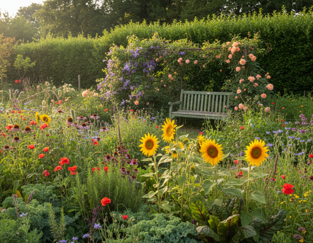 A vibrant chaos garden bursting with a variety of plants in full bloom, showcasing diverse colors and textures. In the foreground, a patch of sunflowers stands tall, surrounded by a wild mix of herbs, flowers, and leafy greens, all intermingling naturally. In the middle ground, a rustic wooden garden bench is partially obscured by climbing vines and colorful blossoms. The background features a lush hedge, with dappled sunlight filtering through the leaves, creating an inviting atmosphere. The image is shot at a slight angle, capturing the abundance and delightful disarray of the garden. Soft, warm lighting enhances the cheerful and carefree vibe, inviting viewers to imagine a serene retreat where nature thrives in delightful chaos.