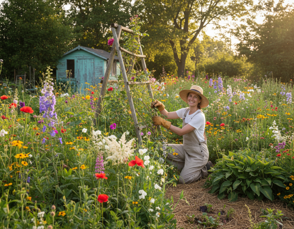 A vibrant chaos garden in full bloom, featuring an explosion of colorful wildflowers intermingled with lush greenery. In the foreground, a variety of plants with differing heights, textures, and colors create a sense of abundance. A gardener, dressed in a sun hat and work gloves, carefully tends to the plants while radiating a carefree attitude. In the middle ground, a rustic wooden trellis entwined with climbing vines adds depth. The background captures a softly focused garden shed surrounded by sun-dappled trees, casting gentle shadows across the scene. The lighting is warm and golden, suggesting a late afternoon sun, while the overall atmosphere feels inviting and harmonious, embodying a natural and unplanned beauty typical of chaos gardening.