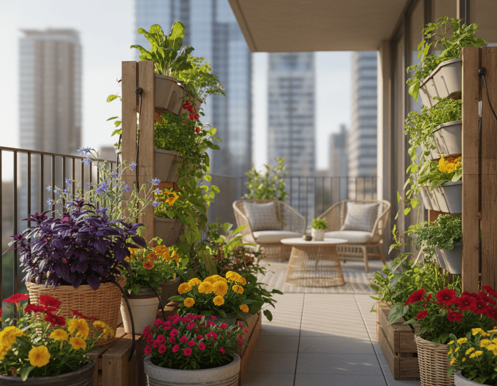 A vibrant, lush balcony garden showcasing creative container gardening and vertical solutions in 2026. In the foreground, various unique containers filled with colorful herbs, vegetables, and blooming flowers are arranged efficiently. The middle section features cascading vertical planters made from recycled materials, overflowing with leafy greens and trailing vines. The background reveals a cozy urban balcony setting with a modern aesthetic, surrounded by a cityscape in soft focus. Natural sunlight bathes the scene, creating a warm and inviting atmosphere, emphasizing the abundance of fresh produce. The angle is a dynamic perspective, capturing the height of the vertical solutions while revealing the detail and texture of the plants, inviting viewers to imagine the potential of small-space gardening.