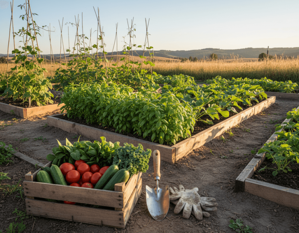 A vibrant organic vegetable garden scene filled with a variety of lush, green plants, showcasing colorful vegetables like ripe tomatoes, crunchy cucumbers, and leafy greens. In the foreground, a rustic wooden crate overflowing with freshly harvested produce sits beside a trowel and gardening gloves, suggesting recent work. The middle ground features a well-tended garden bed framed by natural wood borders, with healthy plants growing in dark, rich soil. In the background, a sun-drenched landscape reveals soft rolling hills and a clear blue sky, creating a serene atmosphere. The golden hour sunlight casts a warm glow, highlighting the textures of the leaves and the earthy tones of the garden. The image captures the joy and abundance of organic gardening in a peaceful and inviting setting. A vibrant organic vegetable garden scene filled with a variety of lush, green plants, showcasing colorful vegetables like ripe tomatoes, crunchy cucumbers, and leafy greens. In the foreground, a rustic wooden crate overflowing with freshly harvested produce sits beside a trowel and gardening gloves, suggesting recent work. The middle ground features a well-tended garden bed framed by natural wood borders, with healthy plants growing in dark, rich soil. In the background, a sun-drenched landscape reveals soft rolling hills and a clear blue sky, creating a serene atmosphere. The golden hour sunlight casts a warm glow, highlighting the textures of the leaves and the earthy tones of the garden. The image captures the joy and abundance of organic gardening in a peaceful and inviting setting.