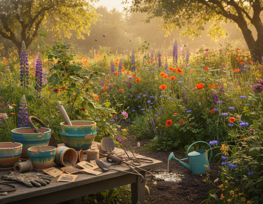 A vibrant scene depicting chaos gardening supplies, set in a lush, overgrown garden brimming with life. In the foreground, showcase a collection of colorful, disorganized gardening tools—rusty spades, whimsical plant pots, and tattered seed packets scattered playfully across a wooden garden table. In the middle ground, include a chaotic arrangement of wildflowers and sprawling vines tangling over each other, with a small watering can tipped over, spilling water onto the rich soil. The background features a soft-focus of leafy trees and sun-drenched greenery, casting dappled light throughout the scene. The atmosphere is warm and inviting, evoking a sense of carefree beauty amidst nature's chaos. Use natural lighting with a slight golden hour glow to enhance the tranquility of the lush oasis.