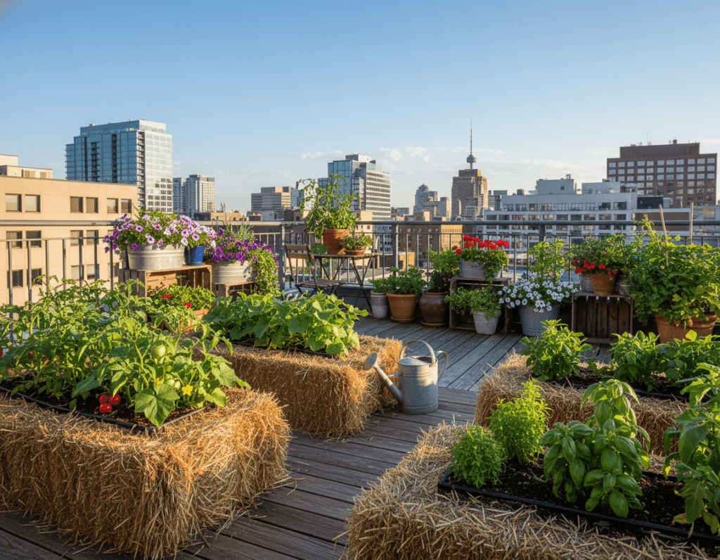 A vibrant urban garden showcasing hay bale gardening solutions, prominently featuring a neatly arranged layout of straw bales filled with colorful vegetables and herbs. In the foreground, there are various types of crops such as tomatoes, cucumbers, and basil thriving in the bales, with a small watering can nearby. The middle ground displays a cozy, urban balcony or rooftop setting, adorned with pots and planters, surrounded by green plants and flowers. In the background, a city skyline under a clear blue sky serves as a contrasting urban backdrop, emphasizing sustainability in city living. The scene is bathed in warm, natural lighting, captured from a slightly elevated angle to provide a comprehensive view. The atmosphere is cheerful and inviting, showcasing the potential of urban gardening.