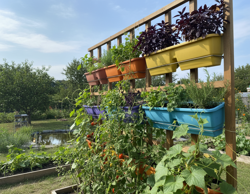A vibrant vertical gardening setup showcasing multiple techniques for growing vegetables. In the foreground, a wooden trellis supports climbing plants like tomatoes and cucumbers, their green leaves intertwined, radiating vitality. The middle ground features a series of stacked planters filled with various herbs such as basil and parsley, arranged neatly in a colorful gradient. In the background, a sunlit garden scene with lush greenery and a blue sky creates a tranquil atmosphere. Soft, natural sunlight illuminates the entire scene, casting gentle shadows that enhance the depth. The angle captures the verticality of the garden, bringing focus to the innovative use of space for urban gardening enthusiasts.