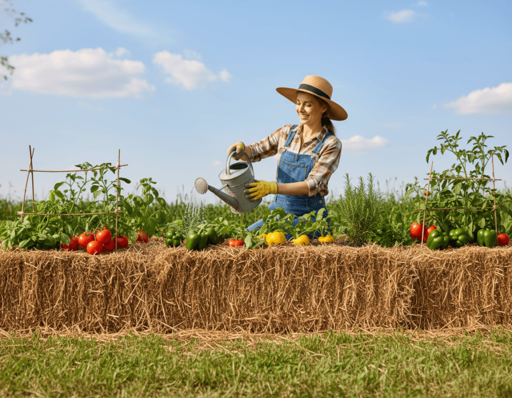 A visually engaging scene showcasing hay bale gardening techniques in a backyard setting. The foreground features a series of neatly arranged hay bales, each planted with vibrant vegetables such as tomatoes, peppers, and herbs, showcasing various stages of growth. In the middle, a gardener in modest casual clothing is gently watering the bales, highlighting the hands-on approach of this innovative gardening technique. The background portrays a sunny, blue sky with a few fluffy clouds, enhancing the cheerful atmosphere. Soft, natural lighting casts gentle shadows and illuminates the rich colors of the plants and the straw bales. The angle captures the gardener’s focused expression, presenting a sense of satisfaction and connection to nature, all in a photo-realistic style that emphasizes the beauty of sustainable gardening.