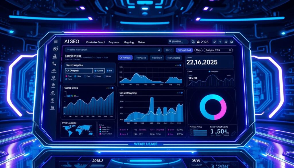 AI SEO concept showing futuristic interface with predictive analytics and search results from 2026