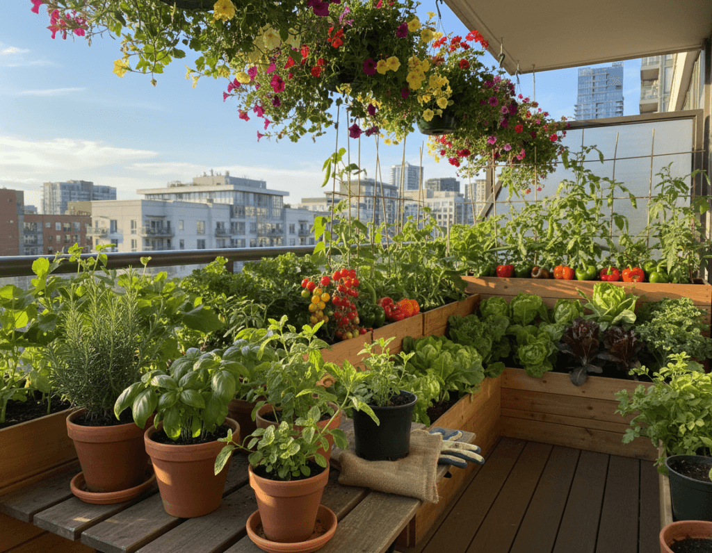 An inspiring urban balcony garden filled with lush, green vegetables and vibrant flowers. In the foreground, a variety of potted herbs like basil, mint, and rosemary, arranged on a rustic wooden table, suggest hands-on gardening. In the middle ground, tiered planters overflowing with ripe tomatoes, peppers, and leafy greens create a rainbow of colors, emphasizing productivity in small spaces. The background features a charming cityscape with soft, blurred apartment buildings under a bright blue sky. The scene is bathed in warm, natural sunlight, casting gentle shadows and adding depth. This tranquil yet vibrant atmosphere conveys expert urban gardening inspiration, inviting viewers to imagine cultivating their own tiny green oasis. The perspective is slightly elevated, capturing the balance of plants and city life harmoniously.