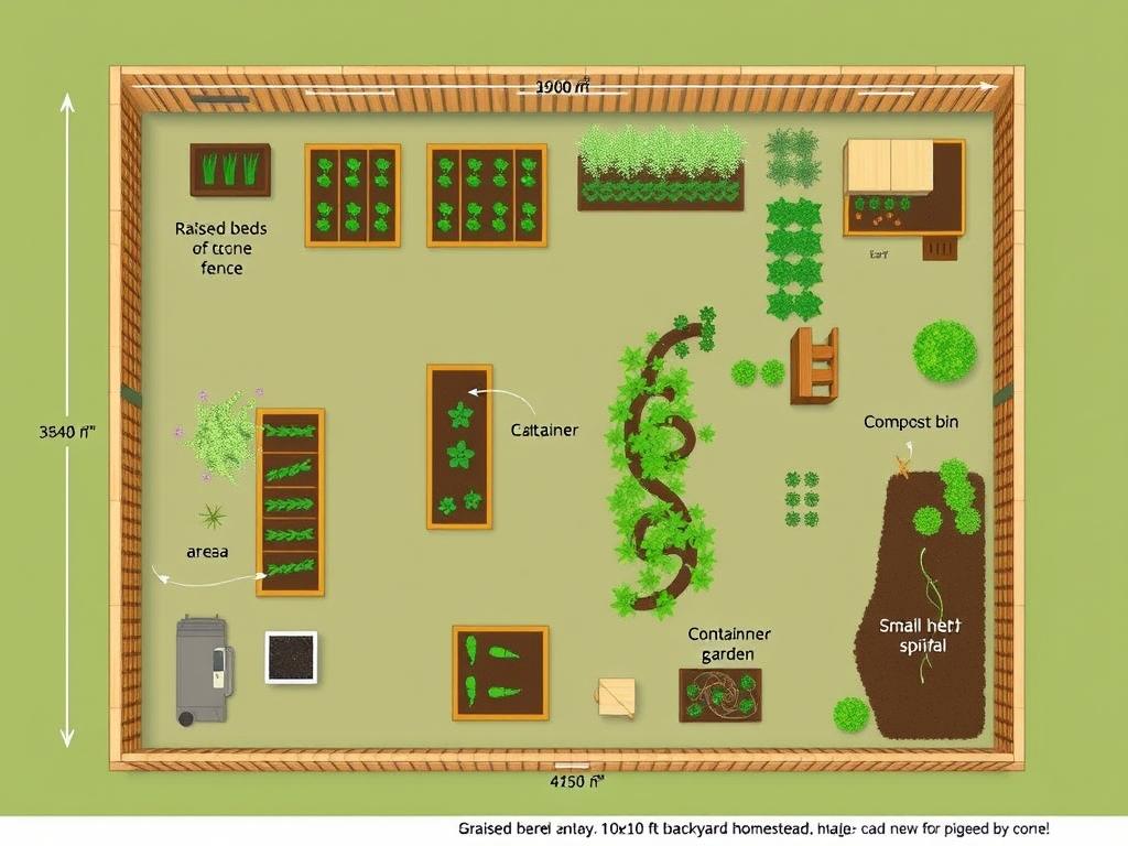 Diagram of a 10x10 ft backyard homestead layout showing different growing zones