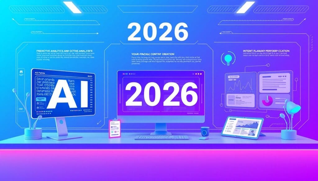 Future of AI SEO showing integration of predictive analytics, zero-click optimization, and multi-faceted content