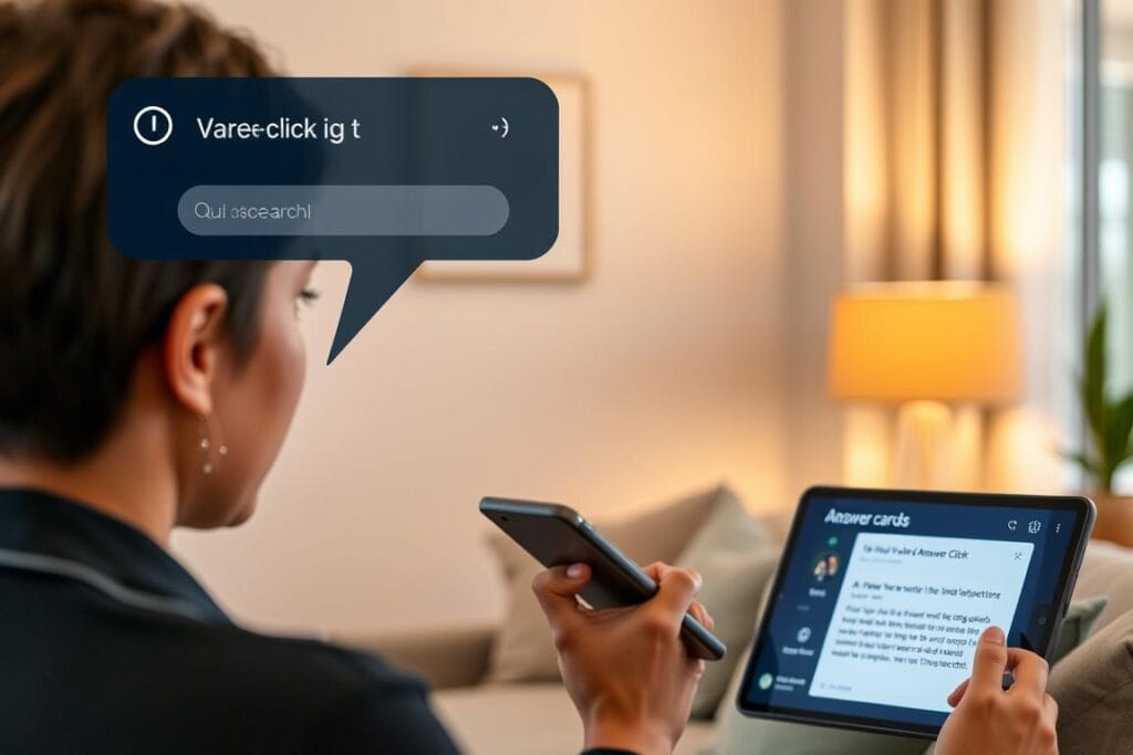 Person using voice search with AI assistant showing zero-click results