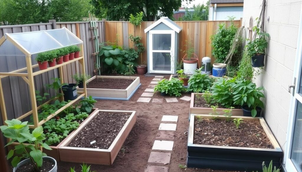 Productive backyard homestead with raised beds, vertical gardening, and container plants