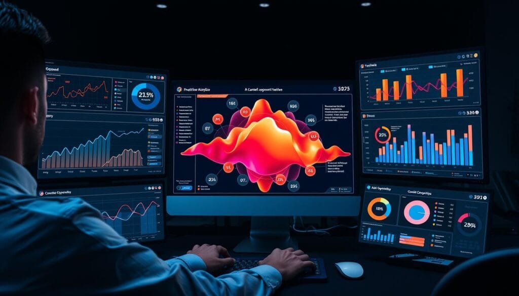 SEO professional using AI tools to analyze predictive search trends for content planning